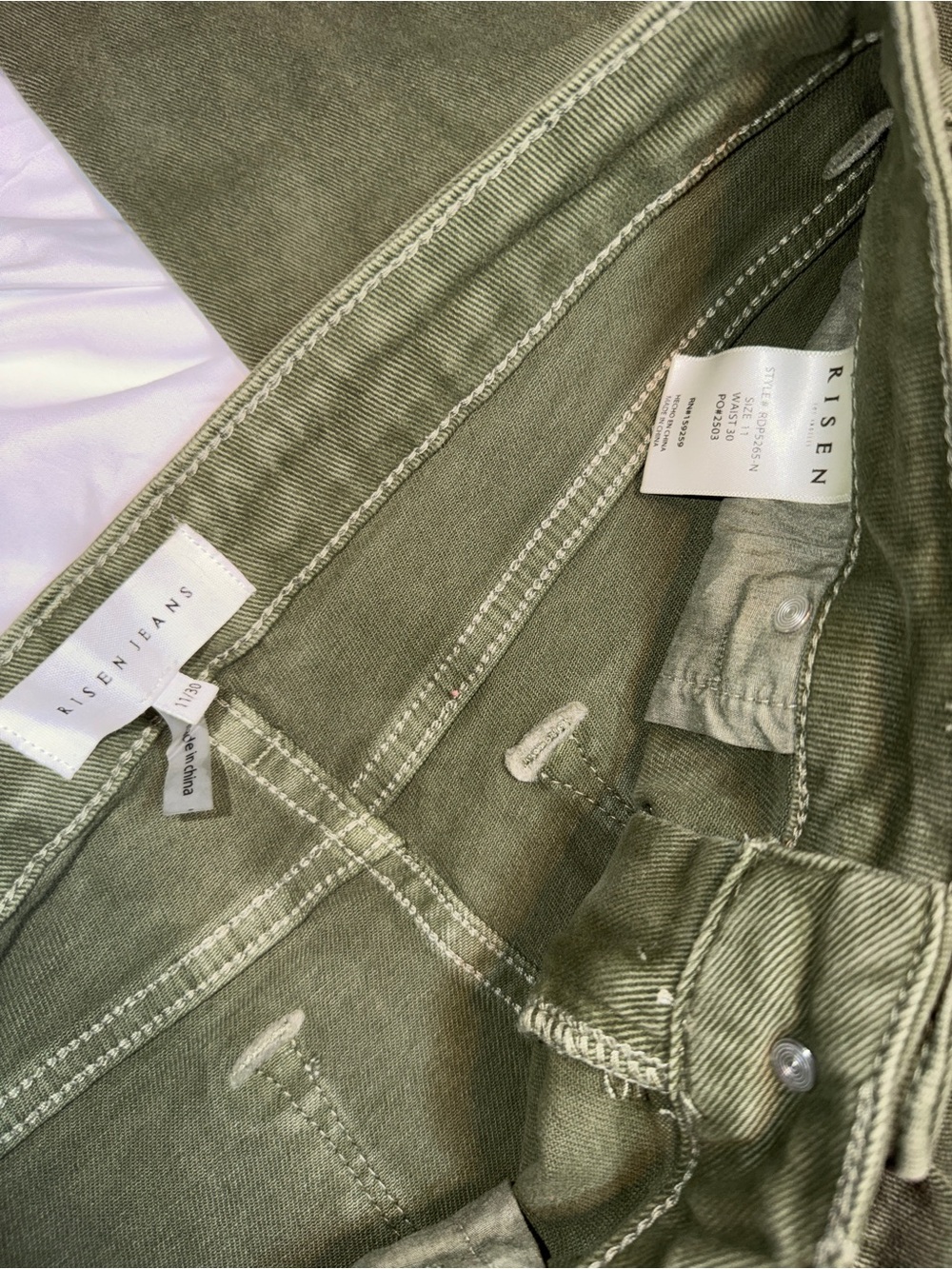 Risen Olive Green Wide-Leg Distressed Jeans with Frayed Hem - Picture 3 of 6